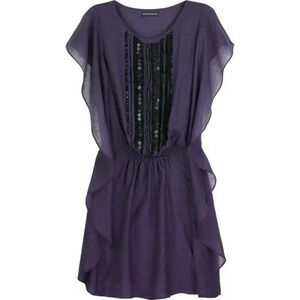 Antik Batik Embellished Draped Ruffle Wool Boho Mini Dress Purple Size Small.